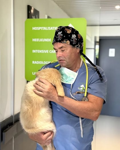 Dierenarts Paul Moelants met een pup in zijn praktijk